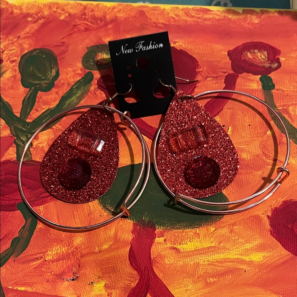 Red Glitter Teardrop Hoop Earrings